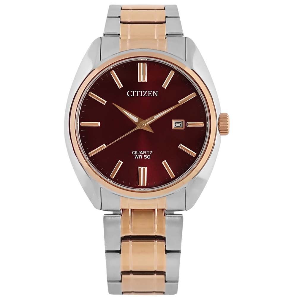 CITIZEN / 極簡時尚 日本機芯 日期 不鏽鋼手錶 紅x鍍玫瑰金 / BI5104-57X / 41mm