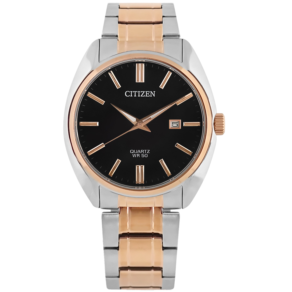 CITIZEN / 極簡時尚 日本機芯 日期 不鏽鋼手錶 黑x鍍玫瑰金 / BI5104-57E / 41mm