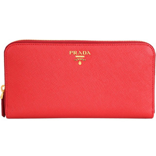 二手 正品 PRADA Saffiano Floral 防刮牛皮拉鍊長夾(紅色)