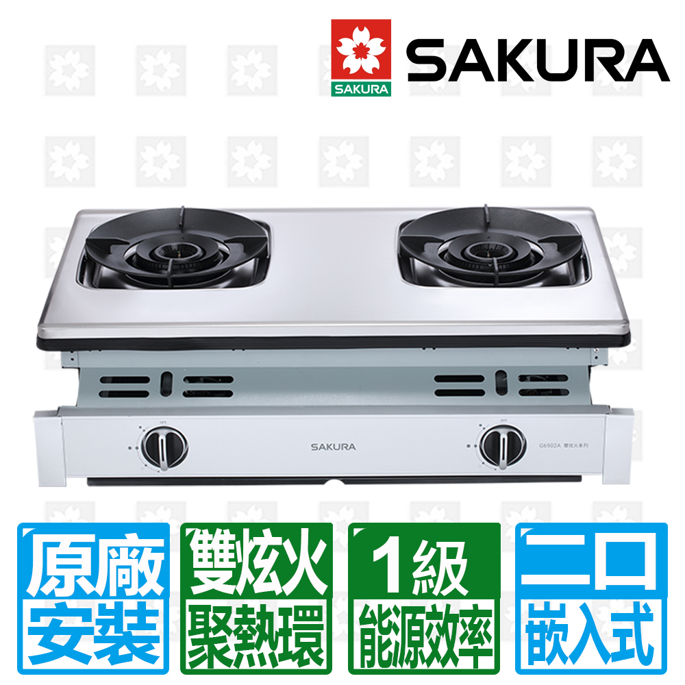 【SAKURA 櫻花】聚熱焱雙炫火二口嵌入式不鏽鋼安全爐 效能1級G6902A(NG1)天然瓦斯專用