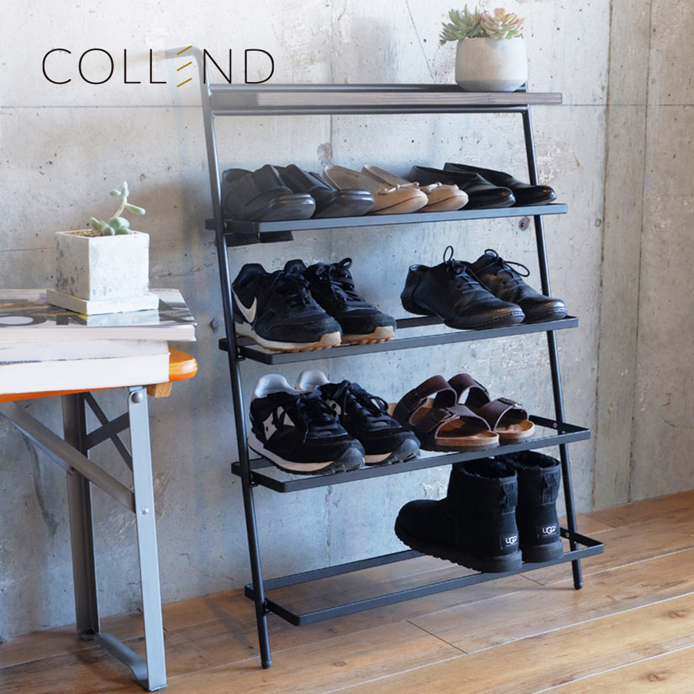 【日本COLLEND】IRON 實木鋼製靠牆四層收納鞋架