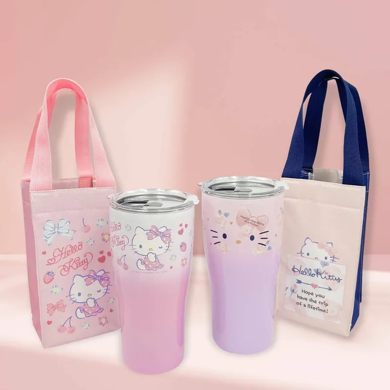 三麗鷗 Hello Kitty KT 900ml 雙層真空 曲線杯保溫提袋組 冰霸杯+飲料袋 二件組 冰霸杯