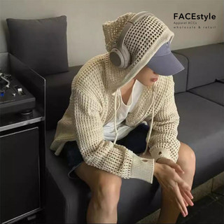 FACEstyle【2色】韓版超火 鏤空連帽針織衫 男 透氣休閒拉鍊開衫 外套 洞洞罩衫 疊穿配件「TJ95612」