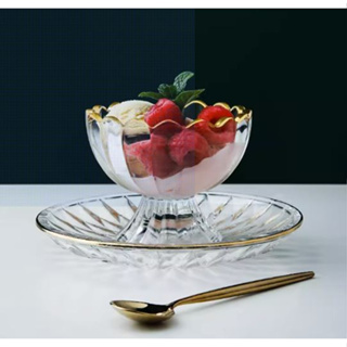 甜點玻璃杯冰淇淋玻璃杯冰淇淋玻璃碗甜點碗花邊碗附金邊湯匙