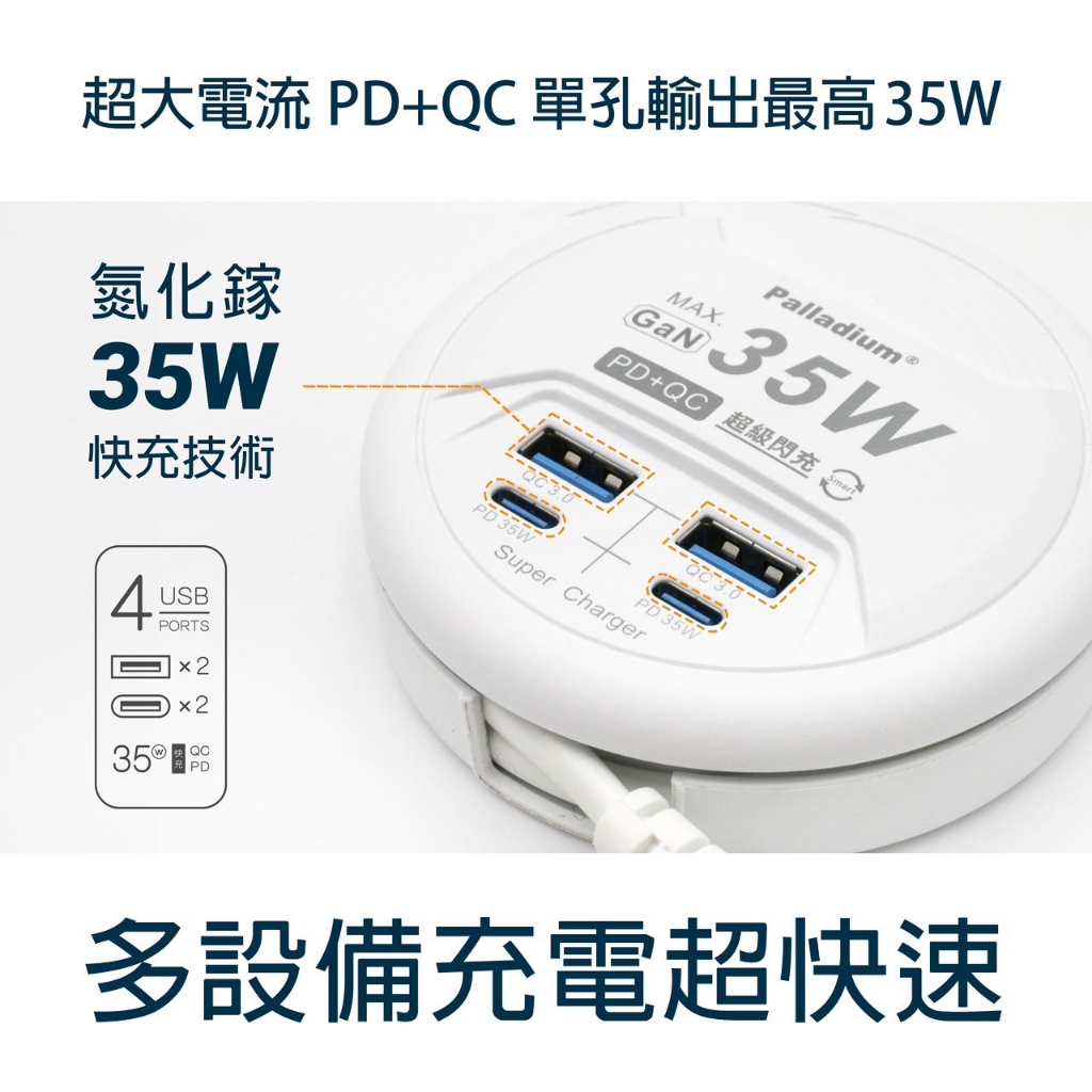 【免運】充電延長線 快充延長線 圓盤充電器 UB-26 35W 閃充 氮化鎵收納式延長線充電器 GaN 氮化鎵