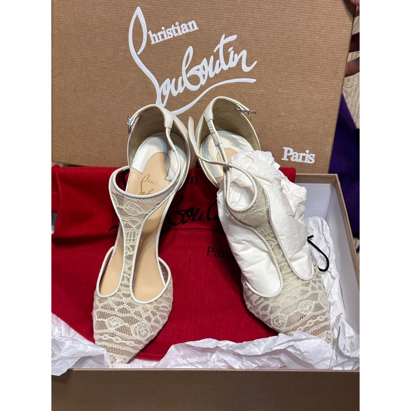 Christian Louboutin 紅底鞋白色蕾絲36碼婚禮鞋新娘鞋白色高跟鞋名牌真品