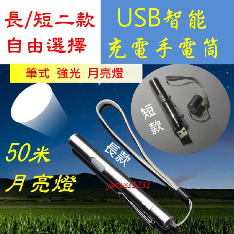 [台灣現貨]USB充電手電筒 可充 強光手電筒  便攜 精美  筆夾 筆式 筆型 月亮燈