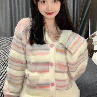 愛依依 外套 針織衫 上衣 毛線衣 新款小香風彩虹條紋毛衣粉色開衫寬鬆慵懶風奶系V領針織衫外套MA074-7837.
