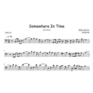(大提琴譜/樂譜) John Barry - Somewhere in time /Cello Sheet