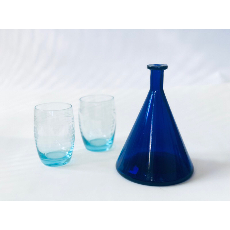 「二手復古」台灣早期寶藍色玻璃花瓶、馬克杯、碗&amp;方形盤