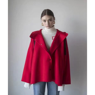 韓國🇰🇷正韓 紅色連帽毛呢外套 斗篷設計 短款雙面羊絨大衣