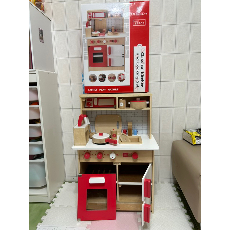 【Muledy 木樂地】經典紅白木製廚房玩具《加送配件15件組》