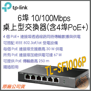 《 免運 ⭐公司貨 》tp-link TL-SF1006P 4 PoE+ 6埠 10/ 100 Mbps 交換器 集線器