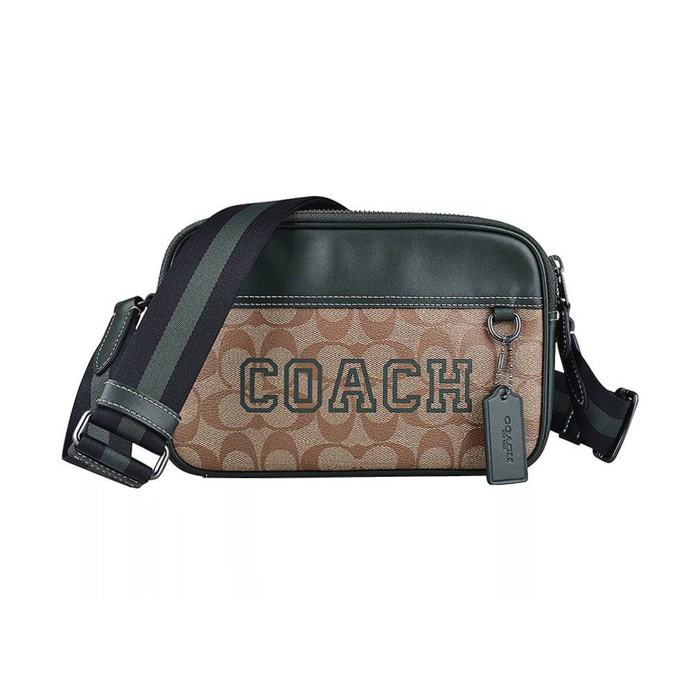 COACH Graham壓印LOGO C字緹花PVC搭皮革拉鍊斜背相機包(深卡其x亞馬遜綠)