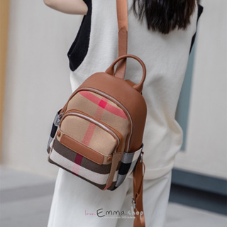 EmmaShop艾購物-韓國同步上新-經典格紋配真皮雙肩後背包