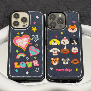 ins韓風 牛仔刺繡手機殼 狗狗表情包 愛心牛仔 適用於iPhone14 13 12 11Promax保護殼 蘋果i15