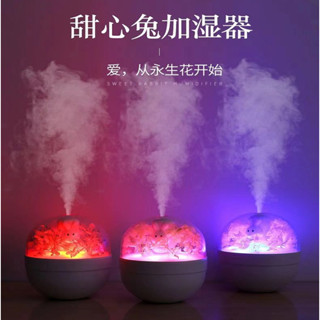 永生花香薰加濕器 USB七彩氛圍燈 萌寵甜心兔水氧機 無線迷你靜音家用辦公室空氣清新淨化器 充電擴香機香薰機