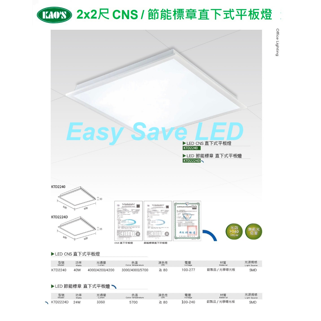 含稅 KAOS LED CNS 38W/72W ; 節標 24W/48W 平板燈 直下式發光(黃光/自然光/白光)全電壓