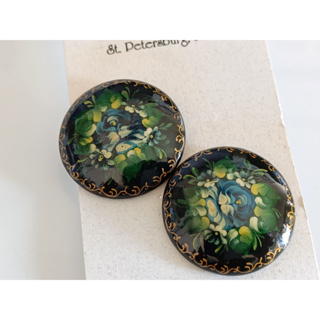 vintage jewelry 俄羅斯手繪木製漆塗 針式耳環 藍玫瑰 950元