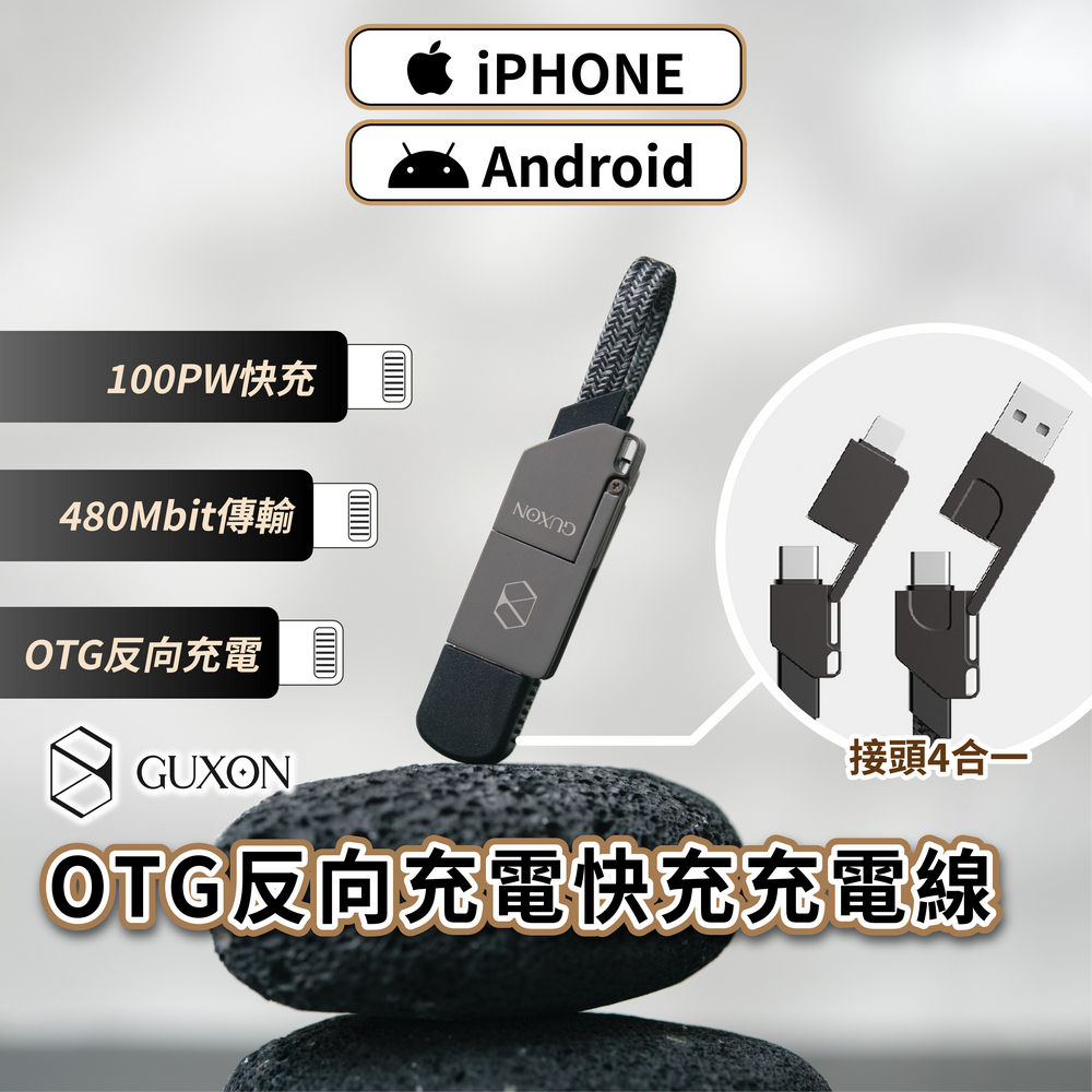 GUXON古尚 四合一鑰匙圈快充充電線 磁吸 傳輸線 數據線 掛飾 充電線 IPHONE Type-c PD快充 快充線