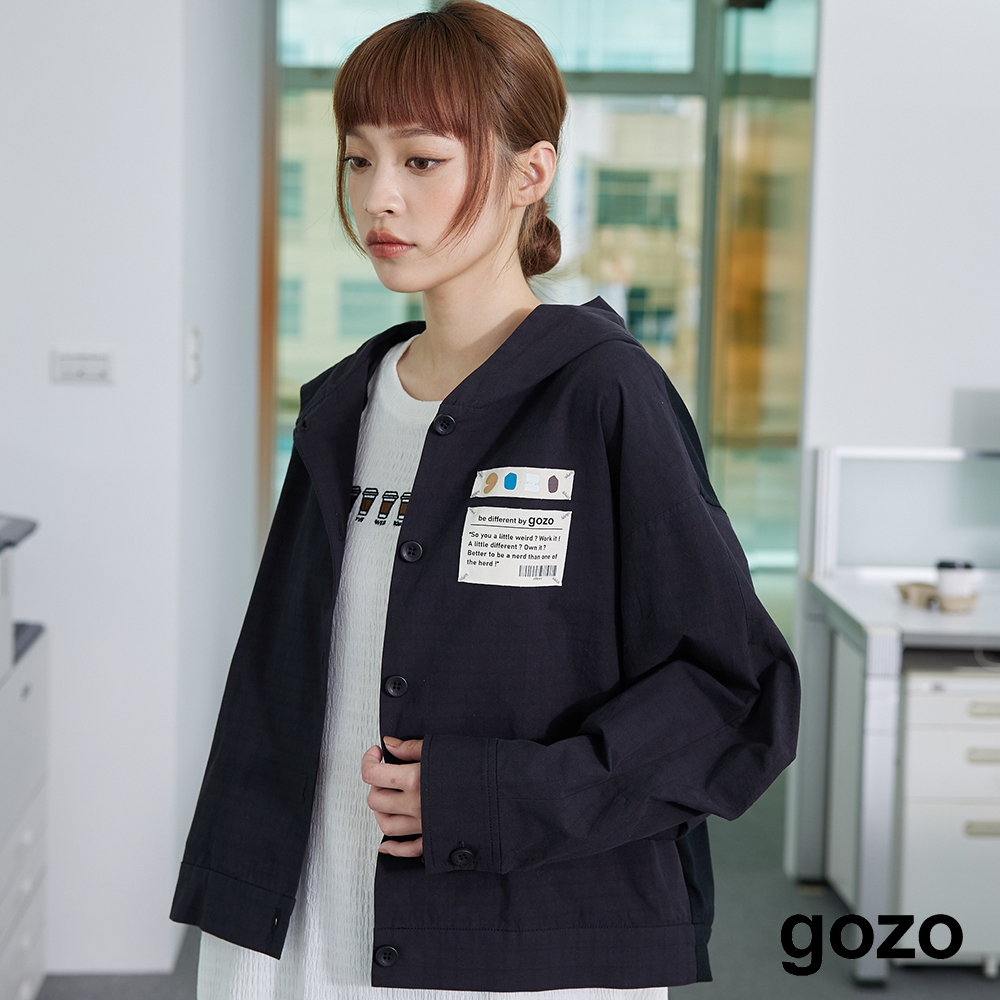 【gozo】➤gozo織標拼接連帽上衣(黑色/卡其_F) | 純棉 修身 休閒