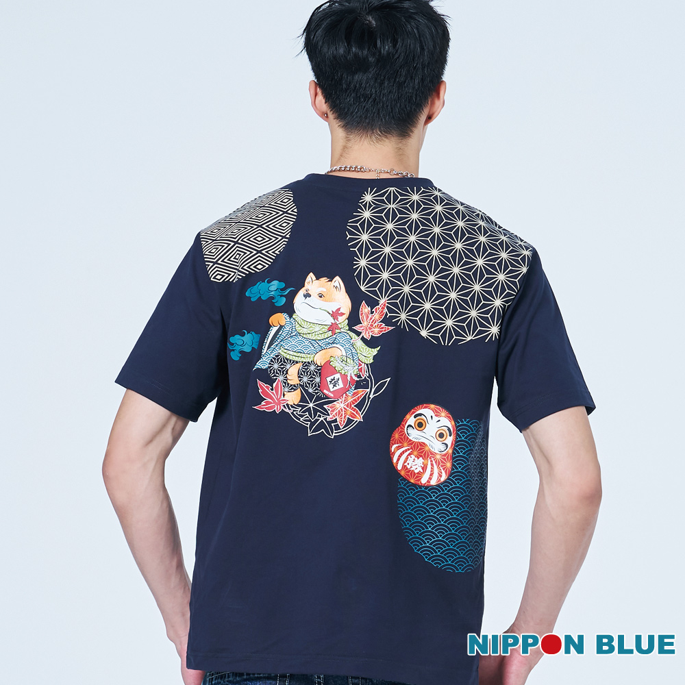 BLUE WAY 日本藍 -男款  棒系列和柄紋樣柴犬達摩短TEE(丈青)