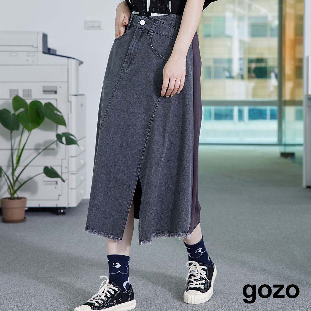 【gozo】不對稱腰頭牛仔拚針織裙(黑色/淺藍_M/L) | 牛仔 修身 百搭