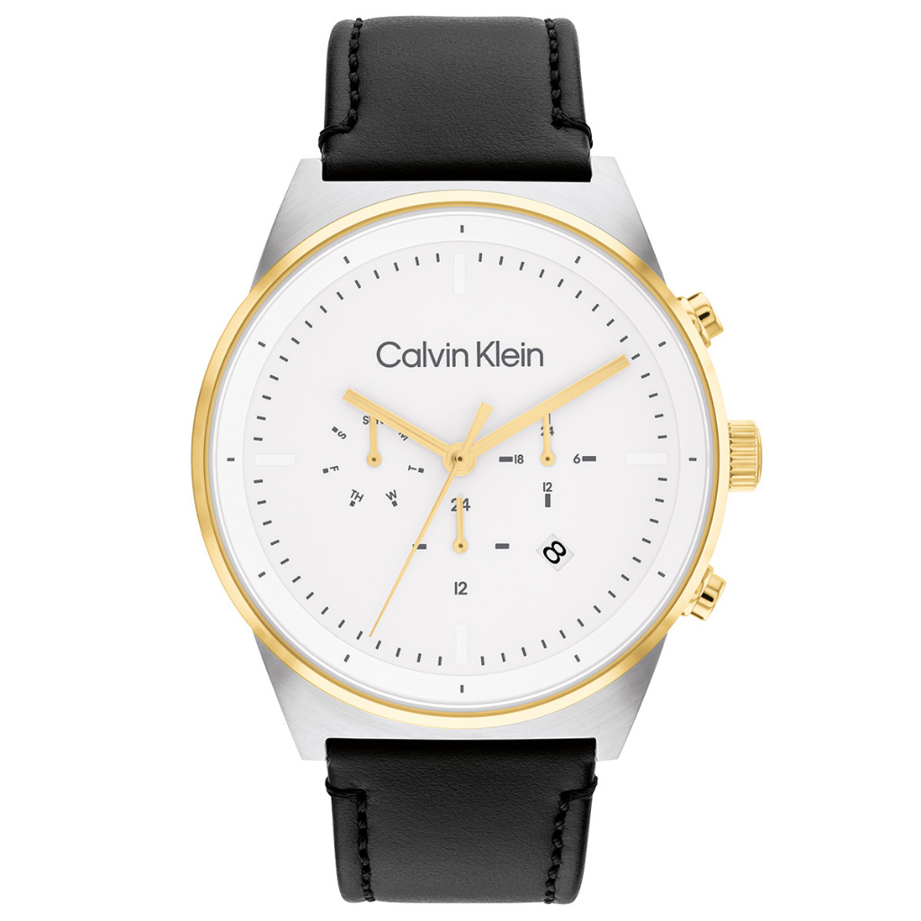 Calvin Klein CK 黑皮革帶三眼紳士腕錶 44MM (CK25200299)