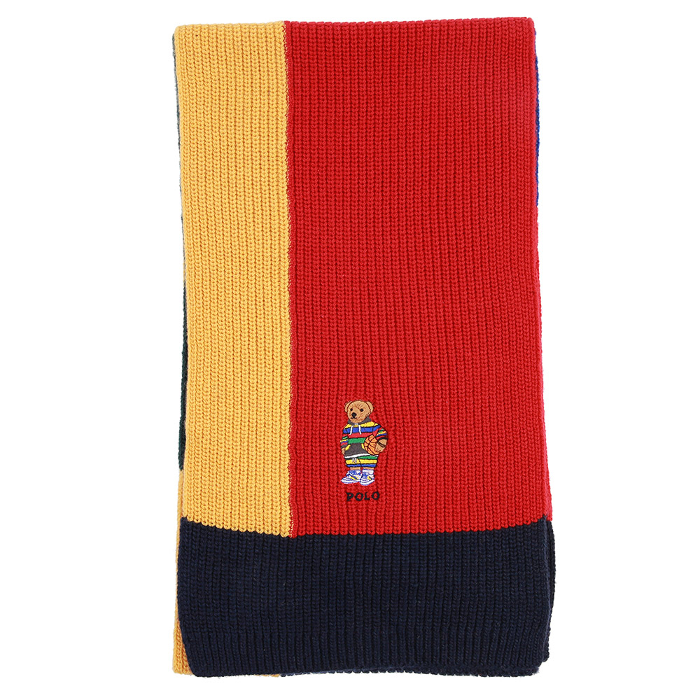 POLO Ralph Lauren籃球小熊撞色羊毛混紡針織圍巾(紅黃色)780939