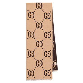 【GUCCI 古馳】雙G logo緹花 羊毛混絲 雙色 圍巾 棕色 米色 495592