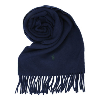 POLO Ralph Lauren刺繡小馬雙側流蘇羊毛圍巾(海軍藍)780933-3｜GoBrand購名牌