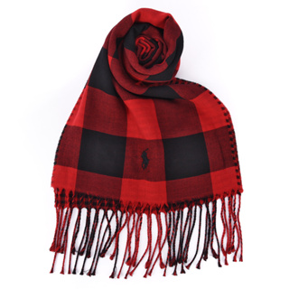 POLO Ralph Lauren刺繡小馬格紋流蘇雙面用圍巾(紅黑)780942-1
