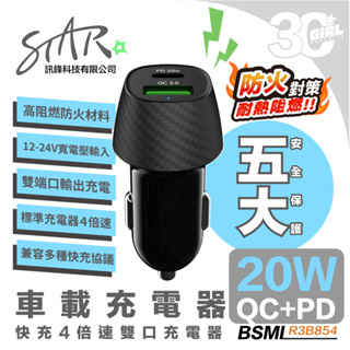 智能 20W 快速 雙孔 車充 QC PD 快充 車用 TYPE C usb 點菸器 充電頭