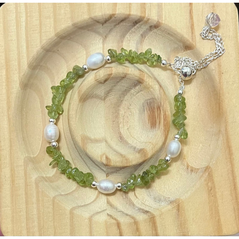 編號3設計款抽拉手串 橄欖石碎石 天然珍珠 最小15手圍