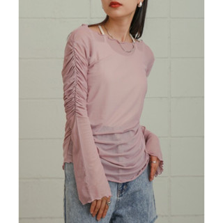 現貨｜Bab秋季新款🔥日單親膚薄紗抓皺設計喇叭袖開衩上衣 打底 三色入