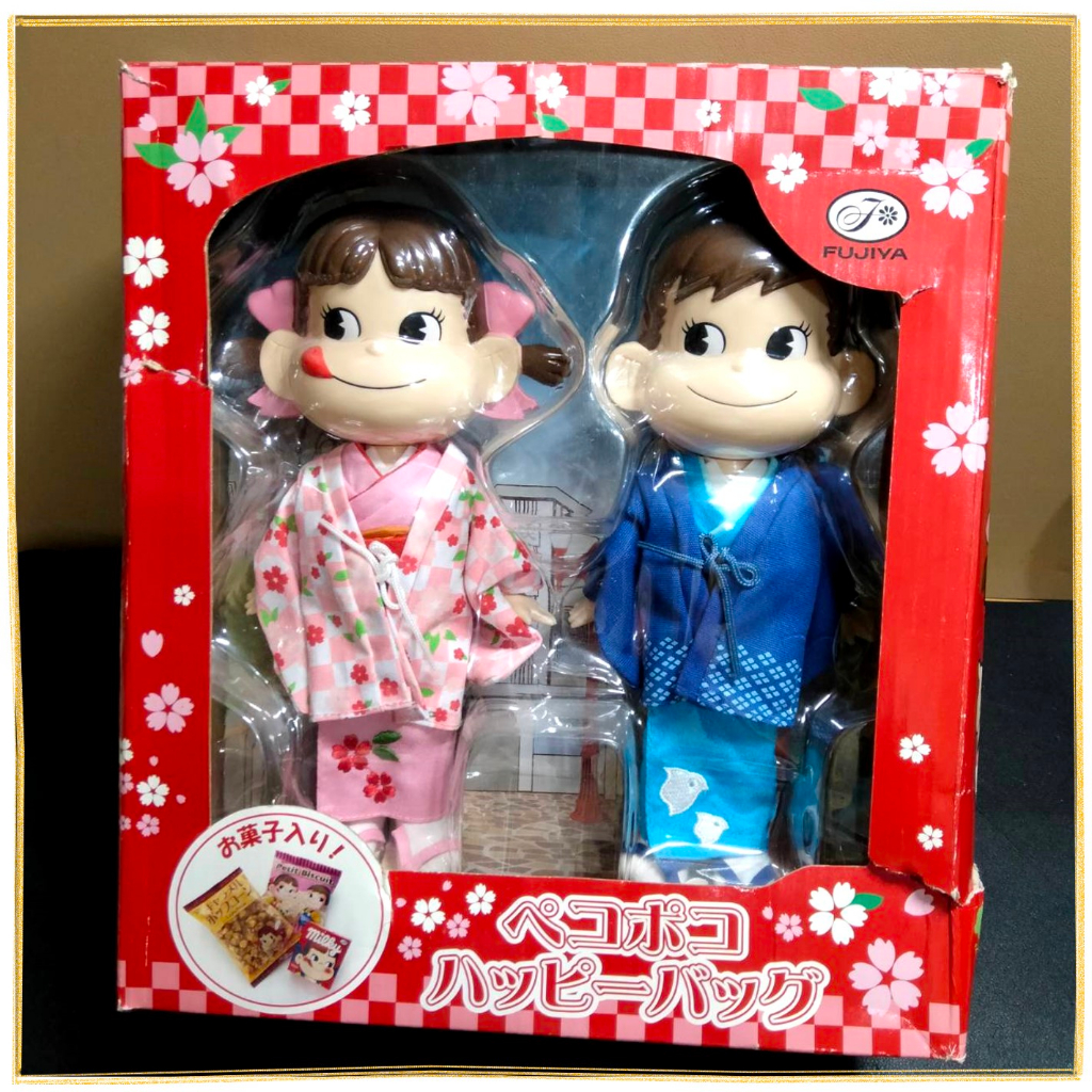 日本帶回早期正版絕版現貨全新已拆封-FUJIYA不二家PEKO牛奶妹+牛奶弟和服浴衣情侶人形玩偶