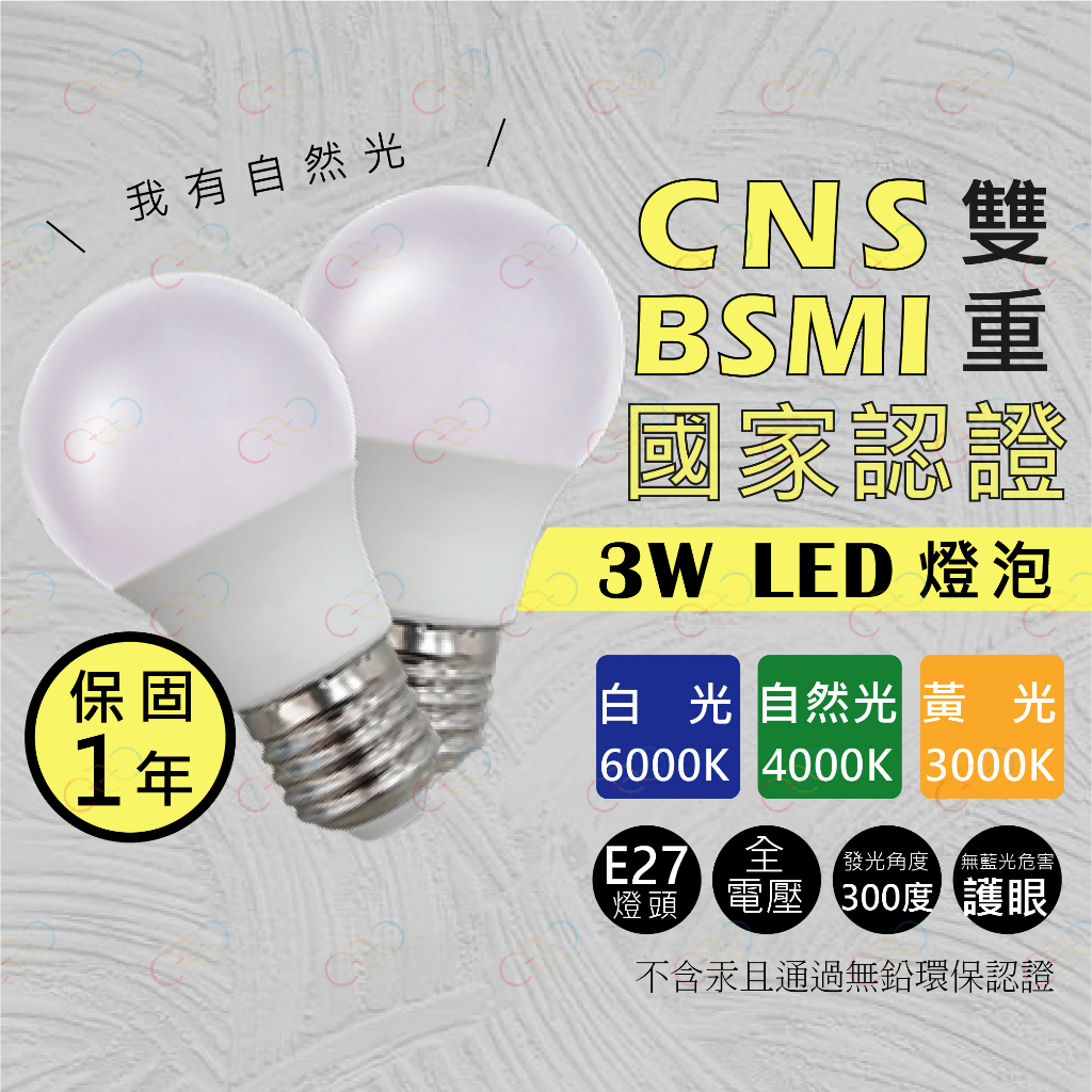 (A Light)附發票 國家級認證 3W LED 燈泡 CNS認證 保固1年 3瓦 球泡 電燈泡 4000k 自然光