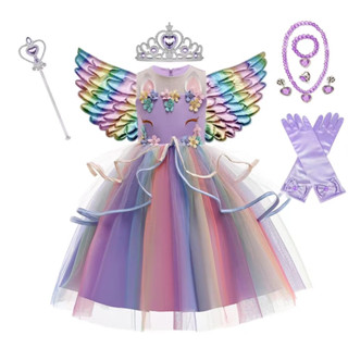 🎀熱賣爆款🎀萬聖節兒童服裝蓬蓬生日禮服公主裙女童生日小馬寶莉服裝彩虹連衣裙獨角獸兒童衣服翅膀彩色