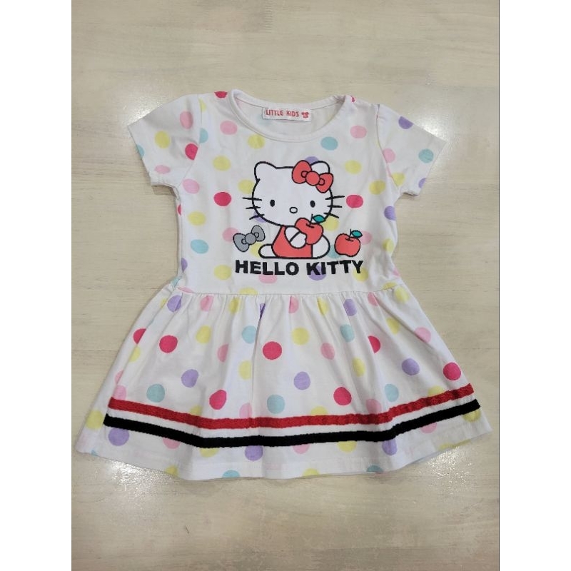💗超值女寶衣櫃出清！夏季二手女寶短袖洋裝 Hello Kitty 超可愛繽紛彩色點點 衣標5=90cm