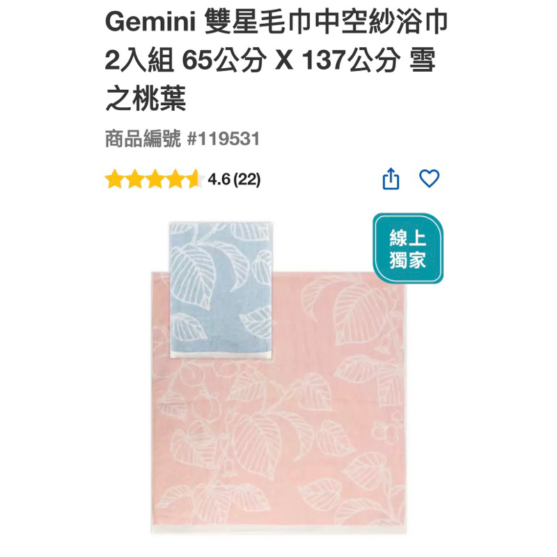 好市多 拆賣一條429元（可以挑顏色）Gemini 雙星毛巾中空紗浴巾 2入組 65公分 X 137公分 雪之桃葉