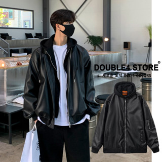 【double4】韓風 假二件式 質感皮 連帽皮外套 韓系 皮夾克 飛行外套 男女皮外套 皮革外套 【8993】