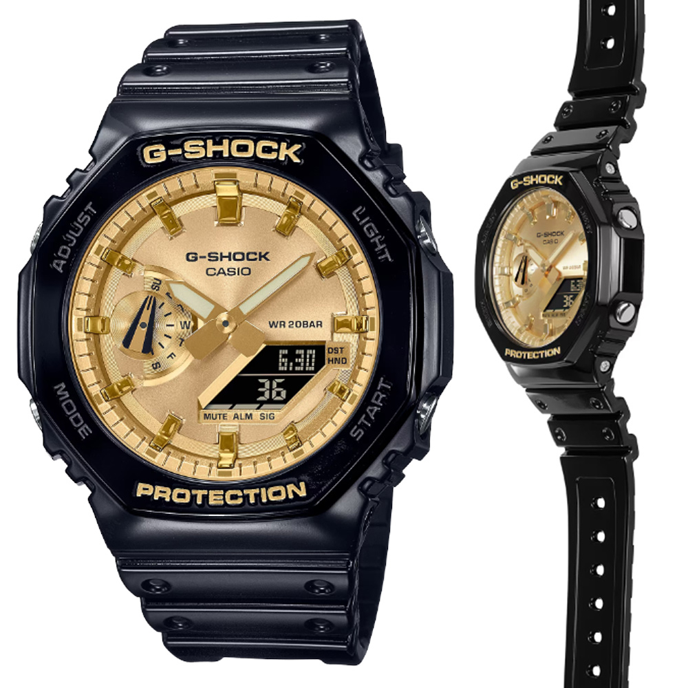 CASIO 卡西歐 G-SHOCK (GA-2100GB-1A)冷酷金屬色 農家橡樹 亮黑八角形雙顯錶-金色