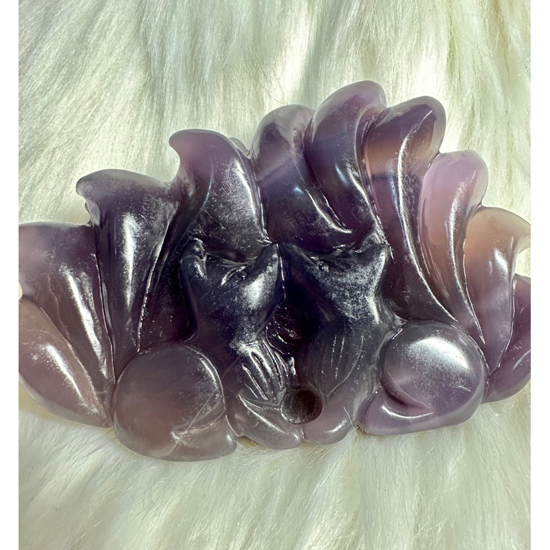天然紫螢石擺件 九尾狐水晶 對狐 手工雕件