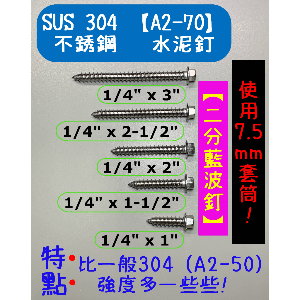 【壁螺村】10支 1/4" 二分 不銹鋼 304 (A2-70) 六角華司 水泥釘 藍波釘 壁釘 5.8mm 鑽頭用