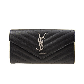 【YSL】SAINT LAURENT Monogram 皮革 信封式 扣式 皮夾 長夾 黑色 銀色 黑銀 銀扣