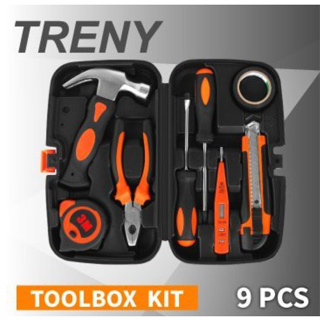 全新 TRENY 9件式工具組 捲尺鉗子鐵錘驗電筆螺絲起子絕緣膠帶美工刀工具箱