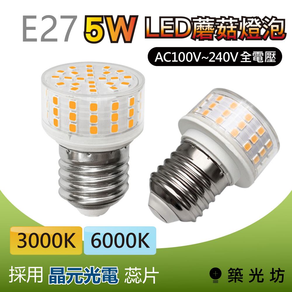 【築光坊】E27 LED 5W 蘑菇燈泡 全電壓輸入 3000K 黃光 6000K 白光 豆燈 玉米燈 迷你燈泡