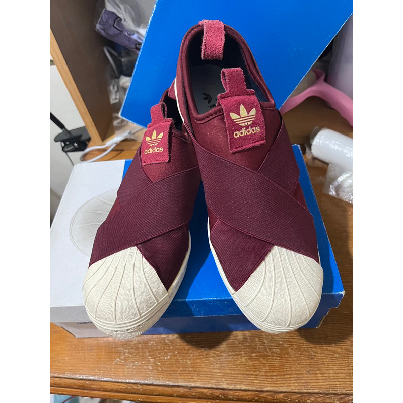 adidas originals三葉草 SUPERSTAR SLIP ON酒紅貝殼繃帶女款鞋s81340