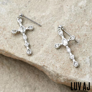 LUV AJ 好萊塢潮牌 鑲鑽銀色十字架耳環 MINI BEZEL STONE CROSS STUDS