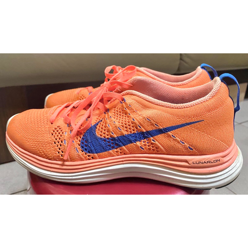 Nike Flyknit Lunar 1 編織粉橘色藍勾．女鞋．運動鞋．24cm